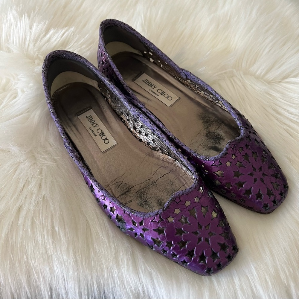 Jimmy Choo Metallic Purple Laser-Cut Flats - Picture 2 of 9